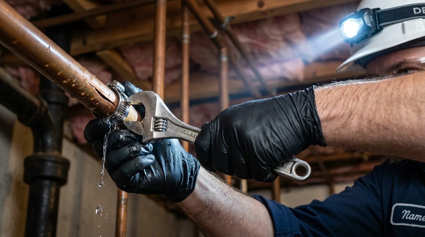 Emergency pipe clamp repair being performed by a Johns Plumbing LLC plumber in Dunkirk