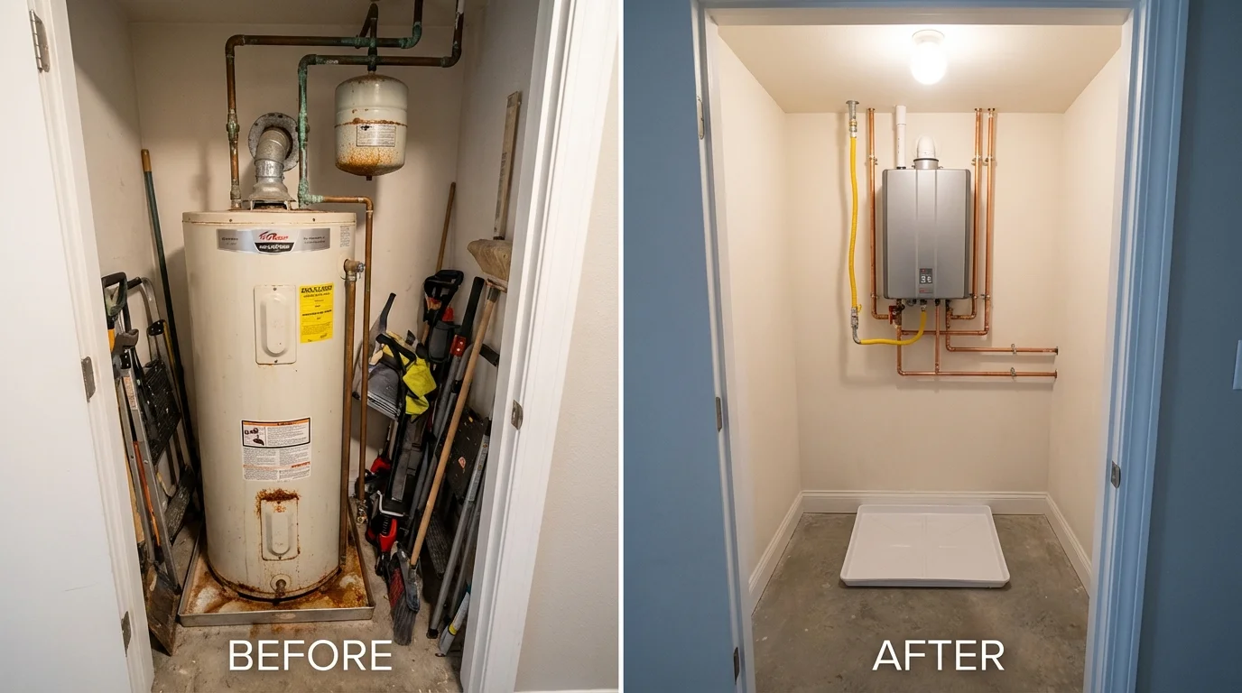 Tank water heater versus wall-mounted tankless unit comparison for Dunkirk, MD homeowners
