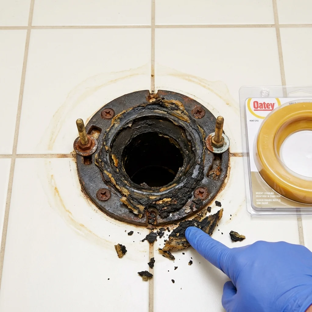 Failed wax ring showing water seepage at the base of a toilet in a Dunkirk, MD home